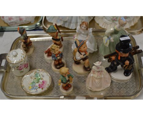 TRAY WITH VARIOUS FIGURINE ORNAMENTS, HUMMEL, ROYAL DOULTON ETC     