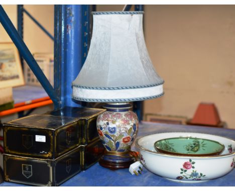 4 BOXED SETS OF EDINBURGH CRYSTAL GLASSES, ORIENTAL STYLE LAMP, LARGE BASIN ETC     