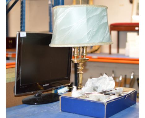 SMALL LCD TV, BRASS FINISHED LAMP, ASSORTED EP CUTLERY     