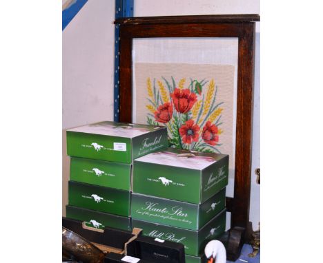 VARIOUS BOXED RACE HORSE ORNAMENTS &amp; OAK FRAMED FIRE SCREEN     