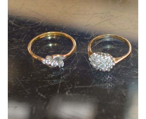 9 CARAT GOLD DIAMOND CHIP CLUSTER RING - APPROXIMATE WEIGHT = 2.5 GRAMS &amp; UNMARKED GOLD DIAMOND TRILOGY RING - APPROXIMAT