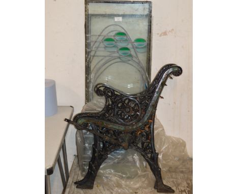 2 STAINED GLASS PANELS &amp; PAIR OF BENCH ENDS     
