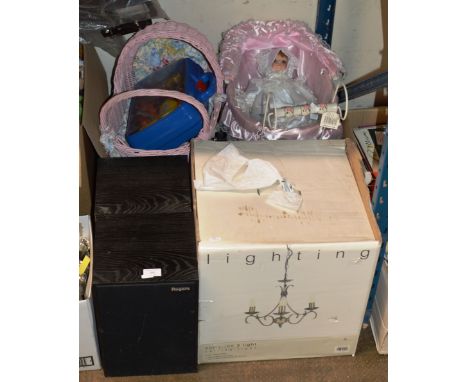 2 TOY DOLLS PRAMS, DOLL, PAIR OF GARDEN POSTS, LIGHT FITTING IN BOX &amp; PAIR OF SPEAKERS     