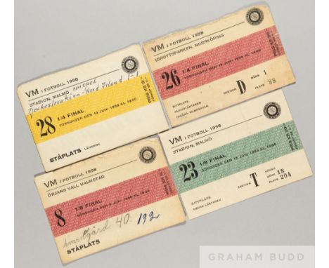Four Northern Ireland tickets from the 1958 World Cup in Sweden,
for the matches v Czechoslovakia and West Germany (both Grou