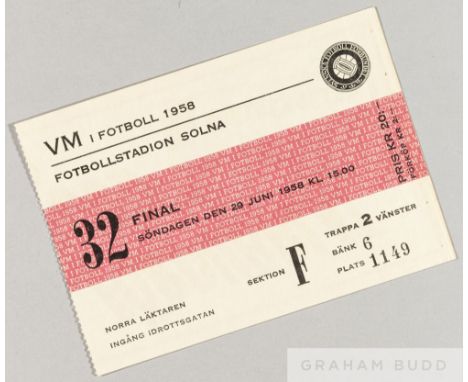 Ticket for the 1958 World Cup Final in Stockholm Sweden v Brazil 29th June 1958,
number 32, good condition
