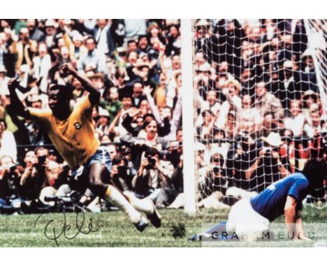 World Cup 1970 Brazil v Italy print signed by Pele,
featuring Pele celebrating scoring a goal, signed in black marker pen, by