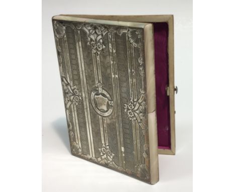 A Victorian silver and mother-of-pearl rectangular visiting card case, the silver panel profusely engraved and chased, veneer