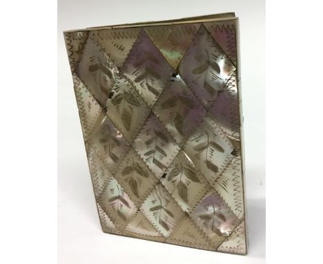 A Victorian mother-of-pearl rectangular visiting card vase, veneered overall with lozenges engraved with naive foliage, hinge