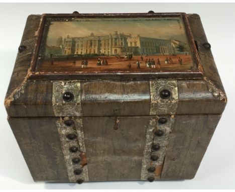 An unusual 19th century paper covered tea caddy, hinged cover set with a view of a Regency street, enclosing twin compartment