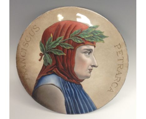 A Limoges type enamel roundel, decorated in polychrome with a titled portrait of Franciscus Petrarca, after the laureate prof