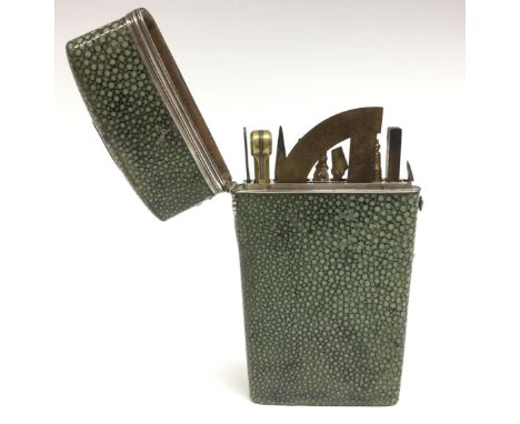 A George III shagreen and silver tapered rounded rectangular draughtsman's etui, hinged cover enclosing brass protractor, var