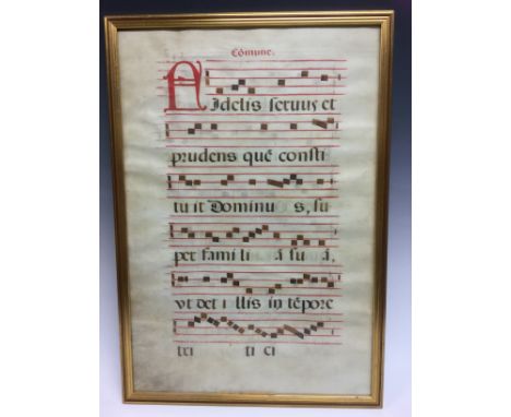 A Medieval ecclesiastical vellum manuscript page, scrivened and inscribed with Latin choral music, 53.5cm x 36.5cm, 15th cent