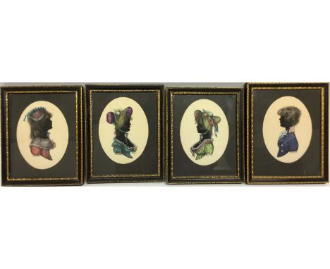 Turville, 20th century, a set of four portrait silhouettes, of a young man and thee young ladies, dressed in the Regency tast