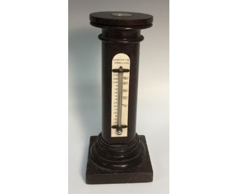 A Victorian Cornish serpentine combination desk compass and thermometer, as a Doric column, arched scale inscribed J Prockter