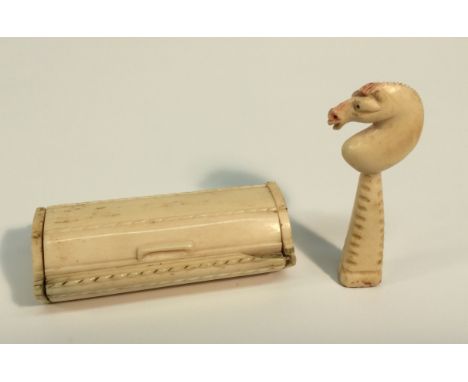 A Napoleonic prisoner of war bone snuff box, 7cm wide, c.1815; a desk seal, carved as a horse's head, traces of red pigment, 