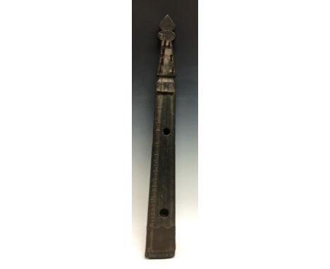 An Oriental 'guqin' or 'koto' type string instrument, played flat, seven strings, shaped terminal, 71cm wide