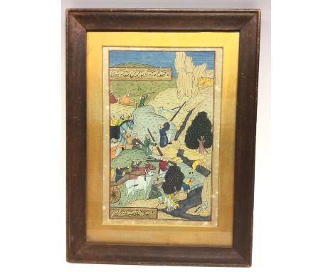 Indian School (19th century), a manuscript page, painted with the Mughal court hunting tigers in the wilderness, the top and 