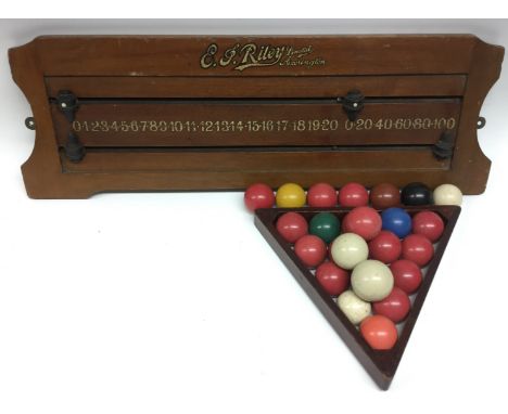 Snooker/Billiards - an early 20th century snooker score board, E J Riley Ltd Accrington, 21cm x 62cm;  ivory balls, stained a