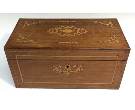 A 19th century rosewood and marquetry rectangular tea caddy, hinged cover enclosing a satinwood and maple lined interior with