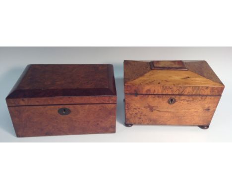 A Victorian burr walnut rectangular work box, domed hinged cover, 10.5cm high, 15cm wide, c.1870; a post-Regency walnut sarco