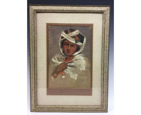 English/North African School (19th century) Portrait of a Young Lady in a Shawl signed in Arabic and inscribed Biskra, 19th M