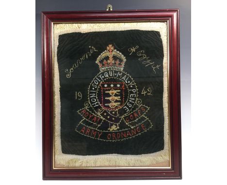 World War II - an embroidery on green velvet, Souvenir of Egypt, 1942, Royal  Corps Army Ordnance, 49cm x 39cm, framed
