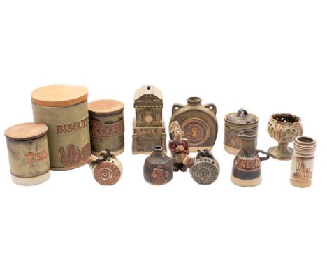A collection of Tremar stoneware, comprising eight food storage or preserve jars, two jars, five vases, cheese dome and cover