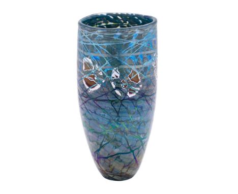 Will Shakespeare [Contemporary] a glass vase from the 'boulder series' the clear and mottled green body with lustrous blue ve