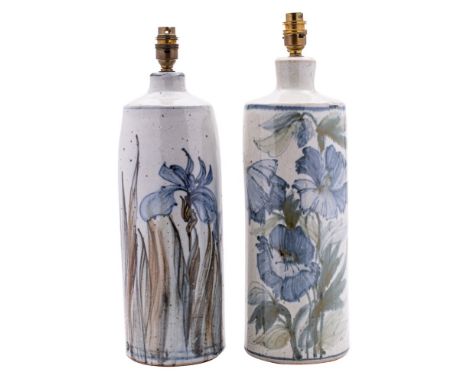 Colin Kellam [1942 - 2020] two similar stoneware lamp bases, of shouldered cylindrical form  each painted in blue, green and 