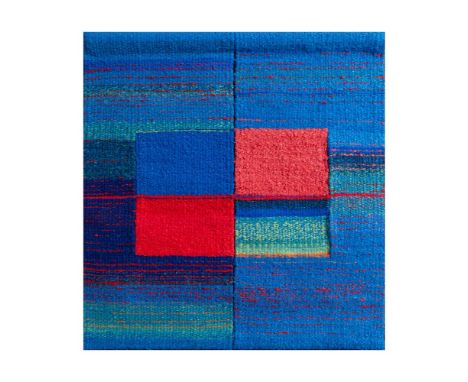 *Bobbie Cox (British, 1930-2018)Sampler, Woven World, Red Square Bluebearing inscribed label to reversewool tapestry51 x 48cm