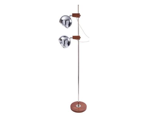 A chromium plated metal twin light standard lamp, modern; each domed shade housing an electrical fitment, angle adjustable on