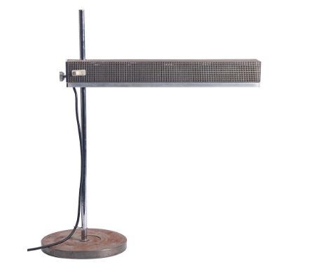 A metal adjustable desk lamp, circa 1960s; the rectangular perforated shade housing three electrical fitments, height adjusta