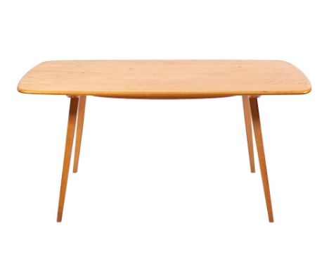 A light oak dining table, and six beech wood chairs, by Ercol, circa 1960s; the table 71cm high, 152cm long, 76cm wide; and a