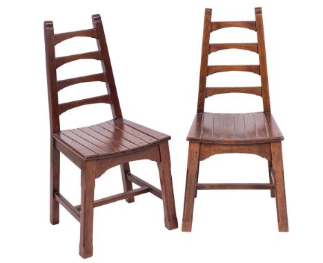 A pair of oak side chairs, in Arts & Crafts style, by A.J.Allen of High Wycombe, early 20th century; with tapered ladder back