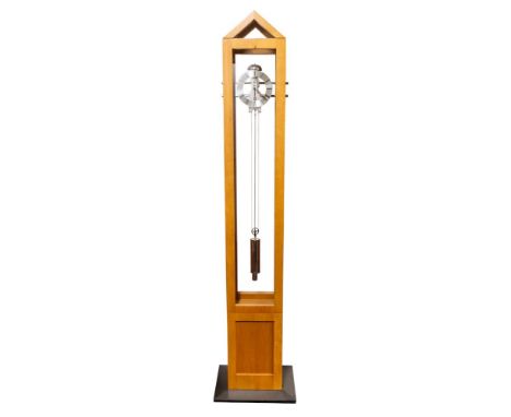 Franz Hermle a contemporary longcase clock the light case standing on an ebonised base, the chrome weight-driven timepiece mo