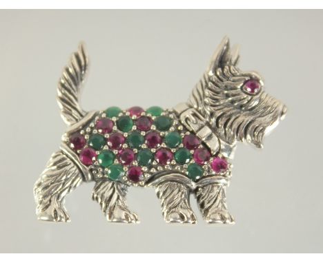 A SILVER NOVELTY SCOTTIE DOG SET WITH RUBY AND EMERALDS.