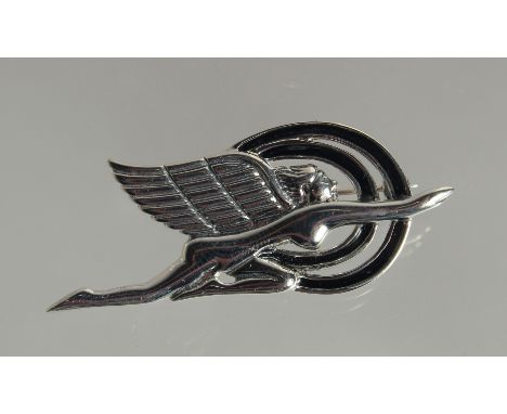 A PAIR OF SILVER ART DECO DESIGN FLYING LADY BROOCH.