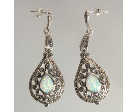 A PAIR OF SILVER AND OPAL DROP EARRINGS.