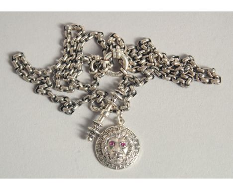 A SILVER LONGUARD CHAIN AND LION PENDANT.