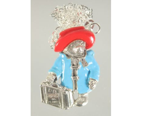 A SILVER AND ENAMEL PADDINGTON PENDANT AND CHAIN.