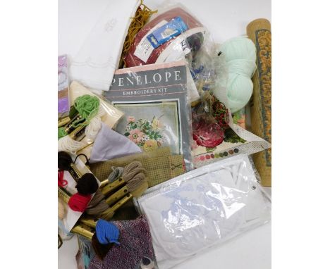 Various sewing craft kits, some part finished, tapestry canvas, wools, threads, etc.