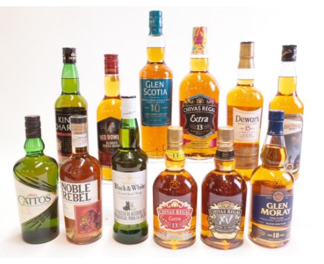 12 BOTTLES SCOTCH WHISKYGlen Moray Single Malt 80YO; Lighthouse Whisky Blended; Dewar's Blended 15YO; Chivas Regal XV, Extra 