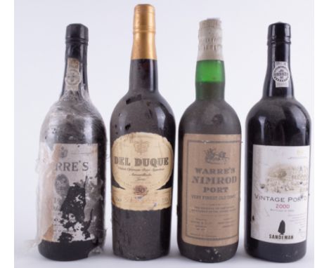 FOUR BOTTLES OF PORT AND SHERRYWarre's Nimrod Tawny Port; Sandeman 2000 Vintage Port; Del Duque VORS Amontillado 30 Years Age