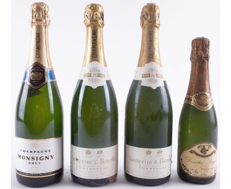 THREE BOTTLES AND ONE HALF BOTTLE NON-VINTAGE CHAMPAGNEVeuve Monsigny Brut N°3; two bottles Justerini + Brooks' 250th Anniver