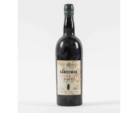 A BOTTLE OF SANDEMAN VINTAGE PORT 1955Condition Report:Capsule in good condition. Label with staining as seen in image, with 