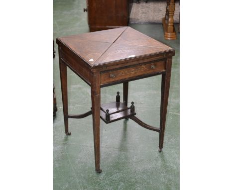 An Edwardian rosewood inlaid envelope card table, single drawer to frieze, circa 1905.