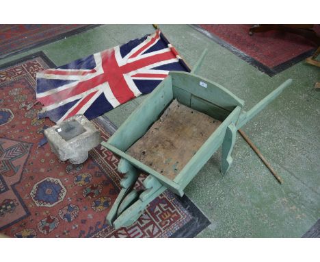 A novelty Wheel Barrow Garden planter; a Flag Poll;  a sundial (3)