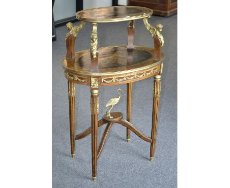 A Louis XVI style etagere, gilt brass mounts, kingwood banding with painted fields to shelf centres