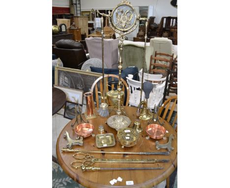 A brass and copper Trench art vase; a brass automobile horn; a kettle on stand; copper plant stands; etc.