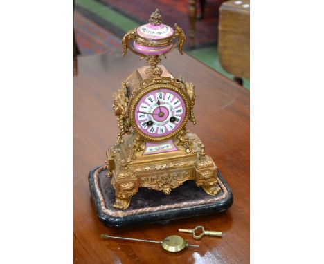 A Japy Freres French gilt brass porcelain mantle clock, c1890